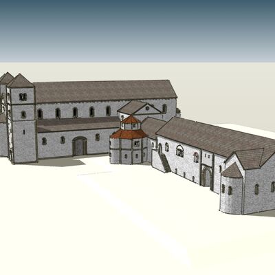 Bild vergrößern: Rekonstruktion von Heinrichsdom und Bischofspfalz um 1050