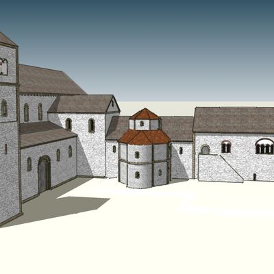 Bild vergrößern: Rekonstruktion von Heinrichsdom und Bischofspfalz um 1050