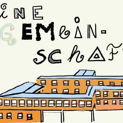 Bild vergrößern: Auf dem Bild ist das Gebäude des Eichendorff-Gymnasiums gezeichnet und mit "Eine Gemeinschaft" betitelt.