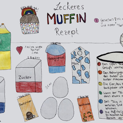 Bild vergrößern: Hanna stellt auf dem Bild ein Muffin-Rezept dar, dessen Zutaten sie gemalt hat.