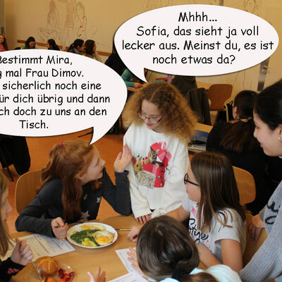 Bild vergrößern: Auf dem Foto sieht man Sofia beim Essen in der Mensa des EG.