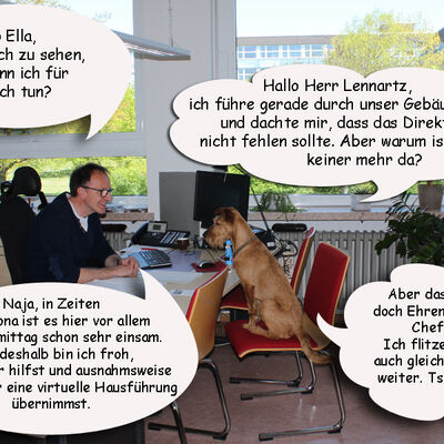 Bild vergrößern: Auf dem Foto sieht man Ella im Direktorat im Gespräch mit dem Schulleiter Herrn Lennartz.