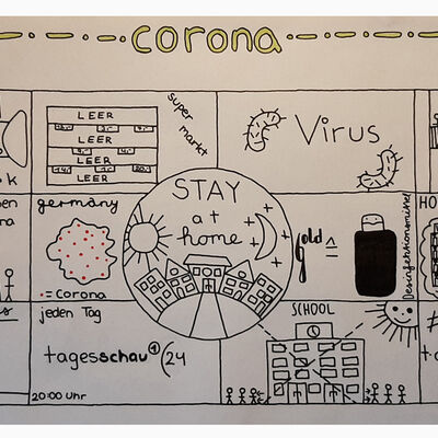 Bild vergrößern: Auf dem Bild sind einzelne Zellen zu sehen, die das Thema Corona verdeutlichen.