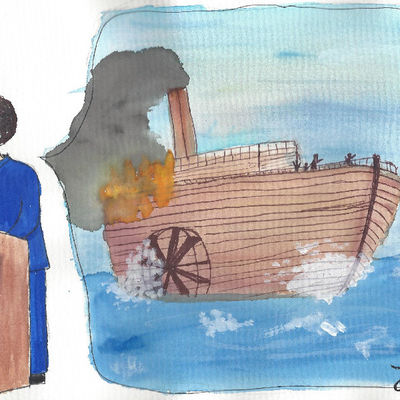 Bild vergrößern: Auf dem Bild hält ein Mann eine Rede am Rednerpult. In seiner Sprechblase  ist ein Schiff auf dem Meer zu sehen.
